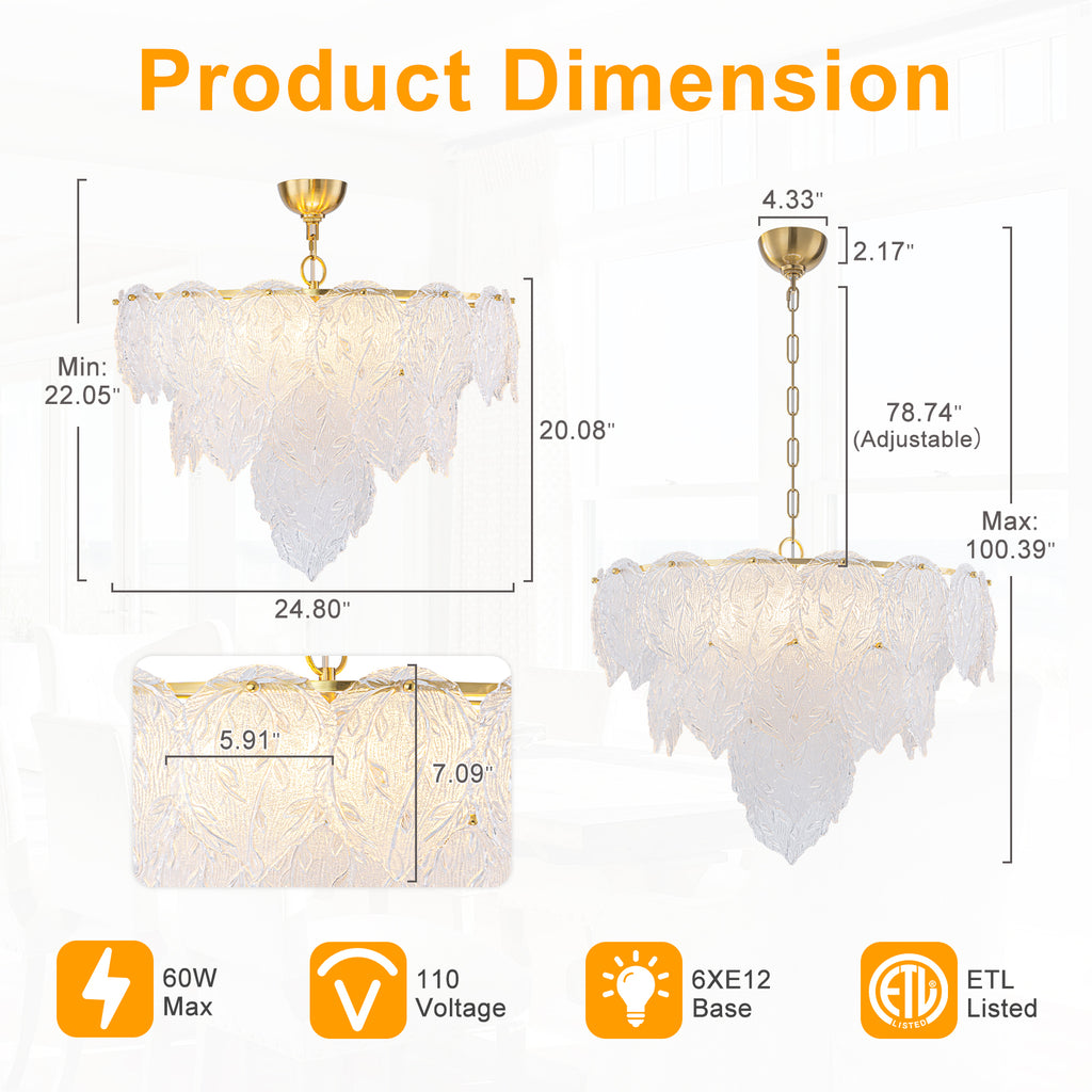 24.8 inch 6-Light Luxury Gold Chandelier with Double-Tier Clear Glass Leaves - product image 2 | Zenvolit