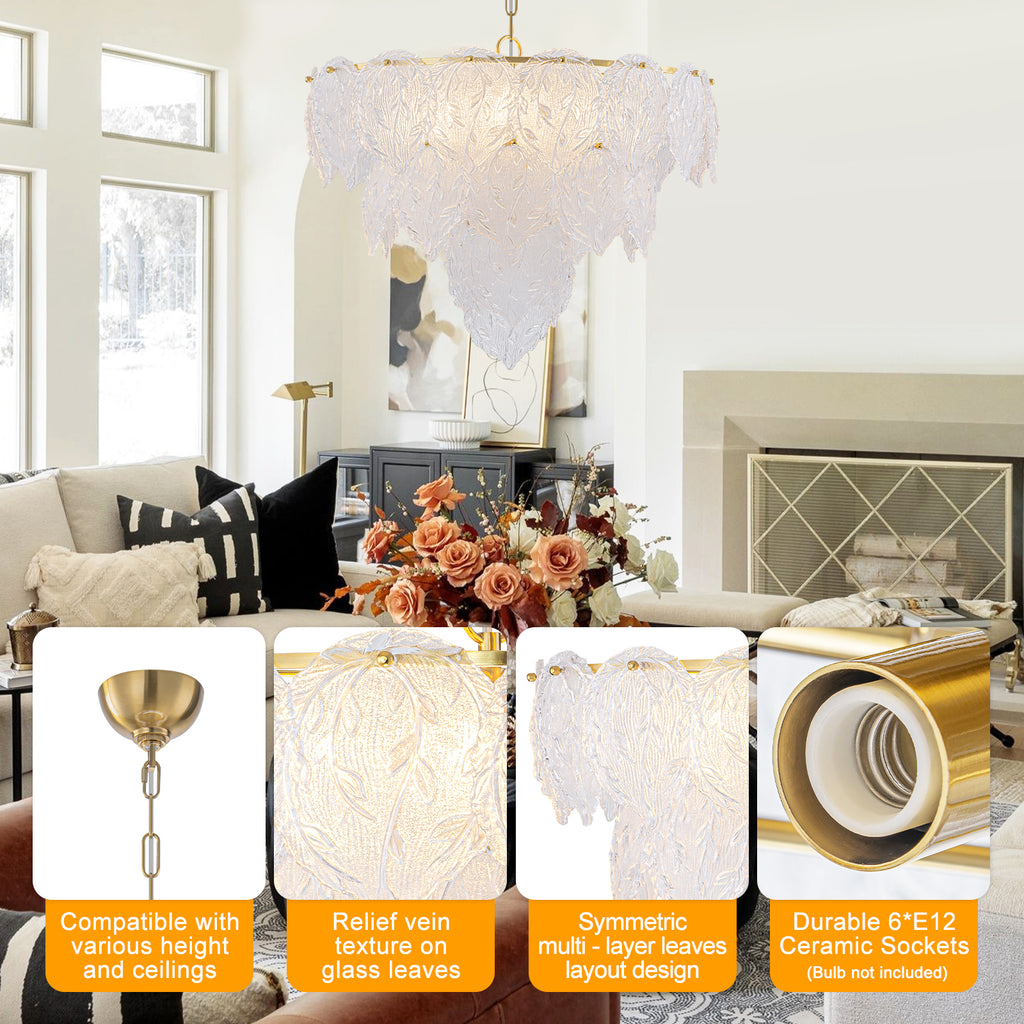 24.8 inch 6-Light Luxury Gold Chandelier with Double-Tier Clear Glass Leaves - product image 4 | Zenvolit