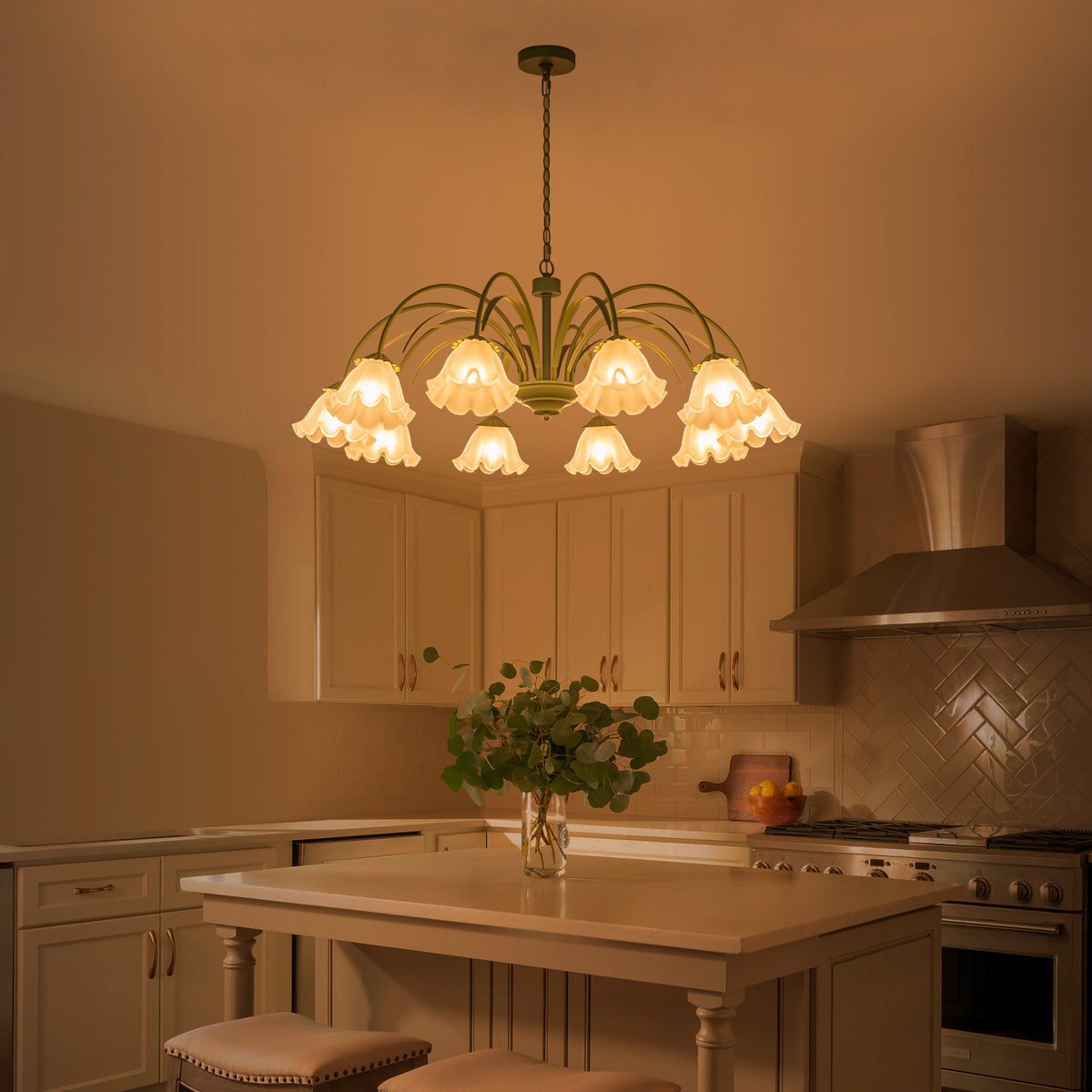 10-Light Botanical Green Chandelier with Floral Frosted Glass Shades - product image 2 | Zenvolit