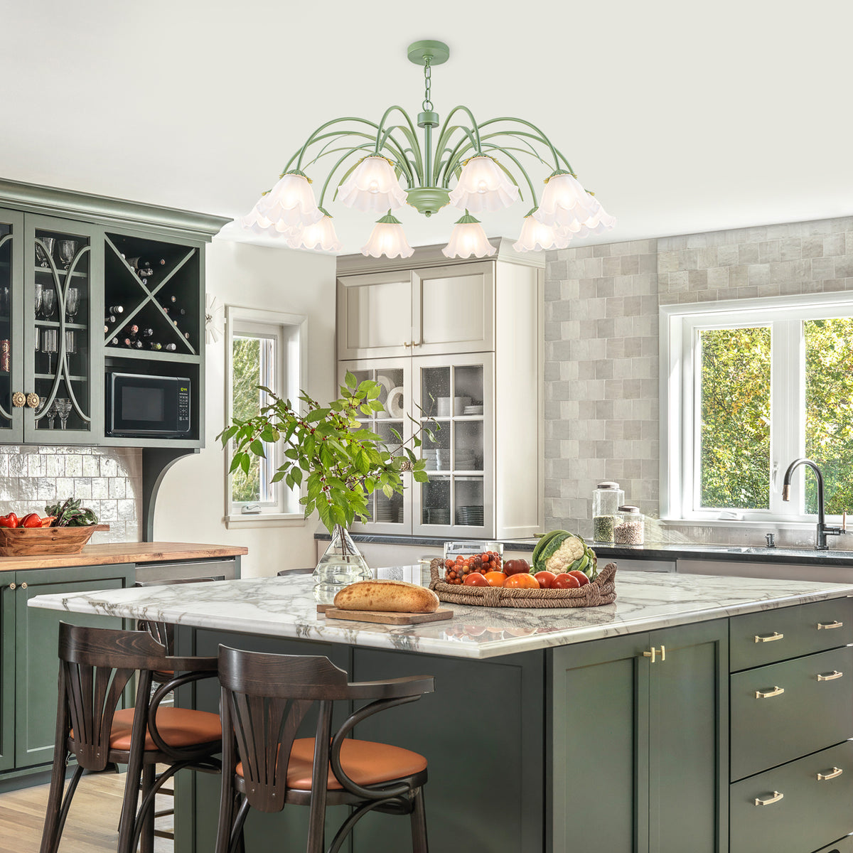10-Light Botanical Green Chandelier with Floral Frosted Glass Shades - product image 3 | Zenvolit
