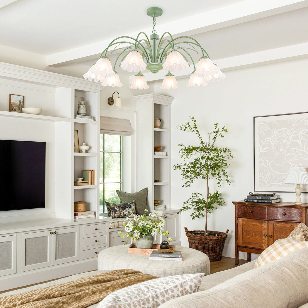 10-Light Botanical Green Chandelier with Floral Frosted Glass Shades - product image 4 | Zenvolit