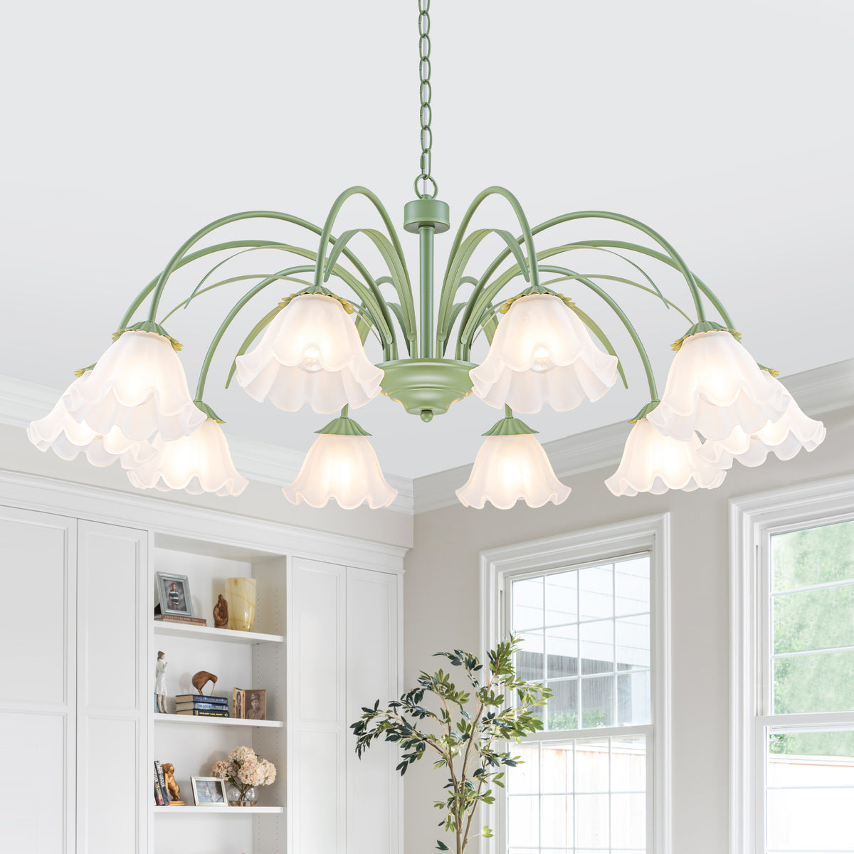 10-Light Botanical Green Chandelier with Floral Frosted Glass Shades - product image 12 | Zenvolit