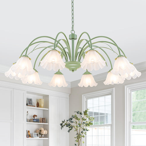 10-Light Botanical Green Chandelier with Floral Frosted Glass Shades - product image 12 | Zenvolit