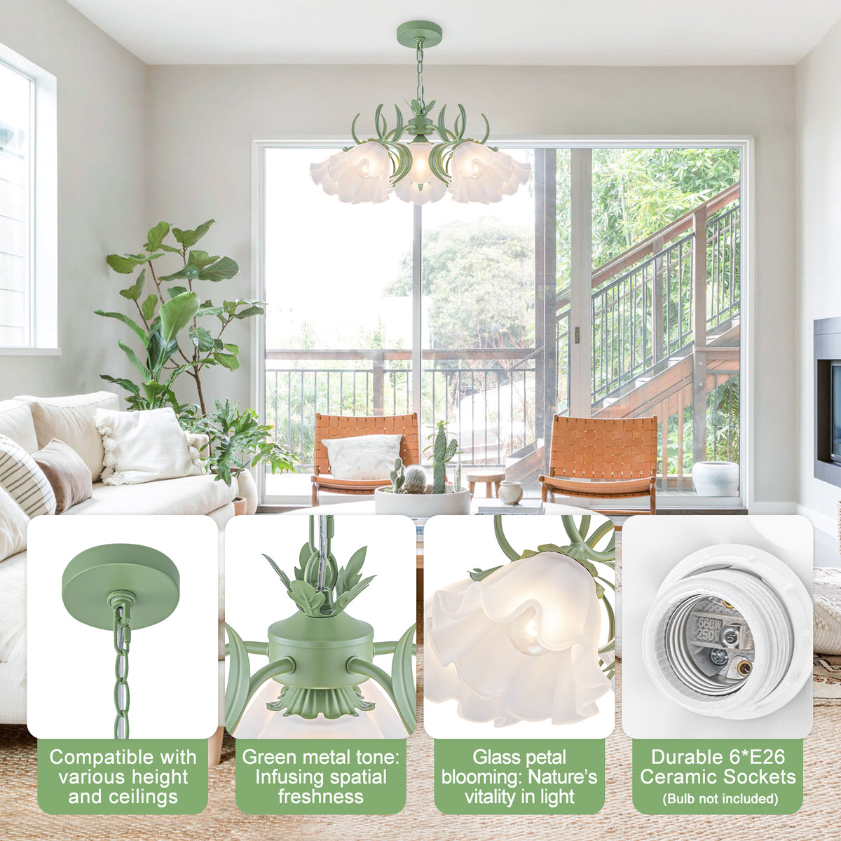 6-Light Botanical Green Chandelier with Floral Frosted Glass Shades - product image 8 | Zenvolit