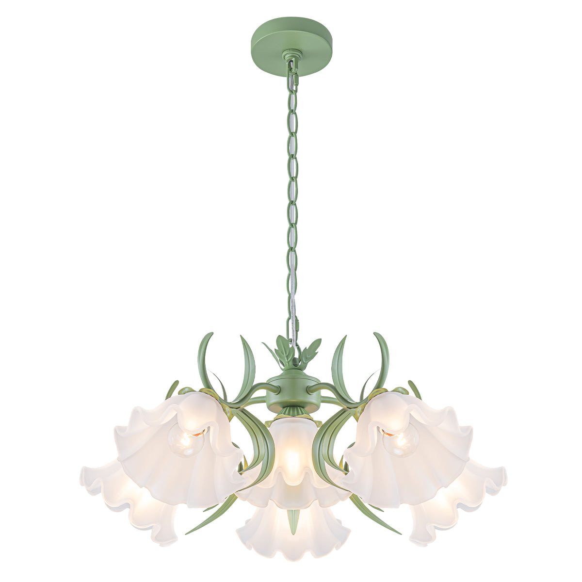 6-Light Botanical Green Chandelier with Floral Frosted Glass Shades - product image 12 | Zenvolit