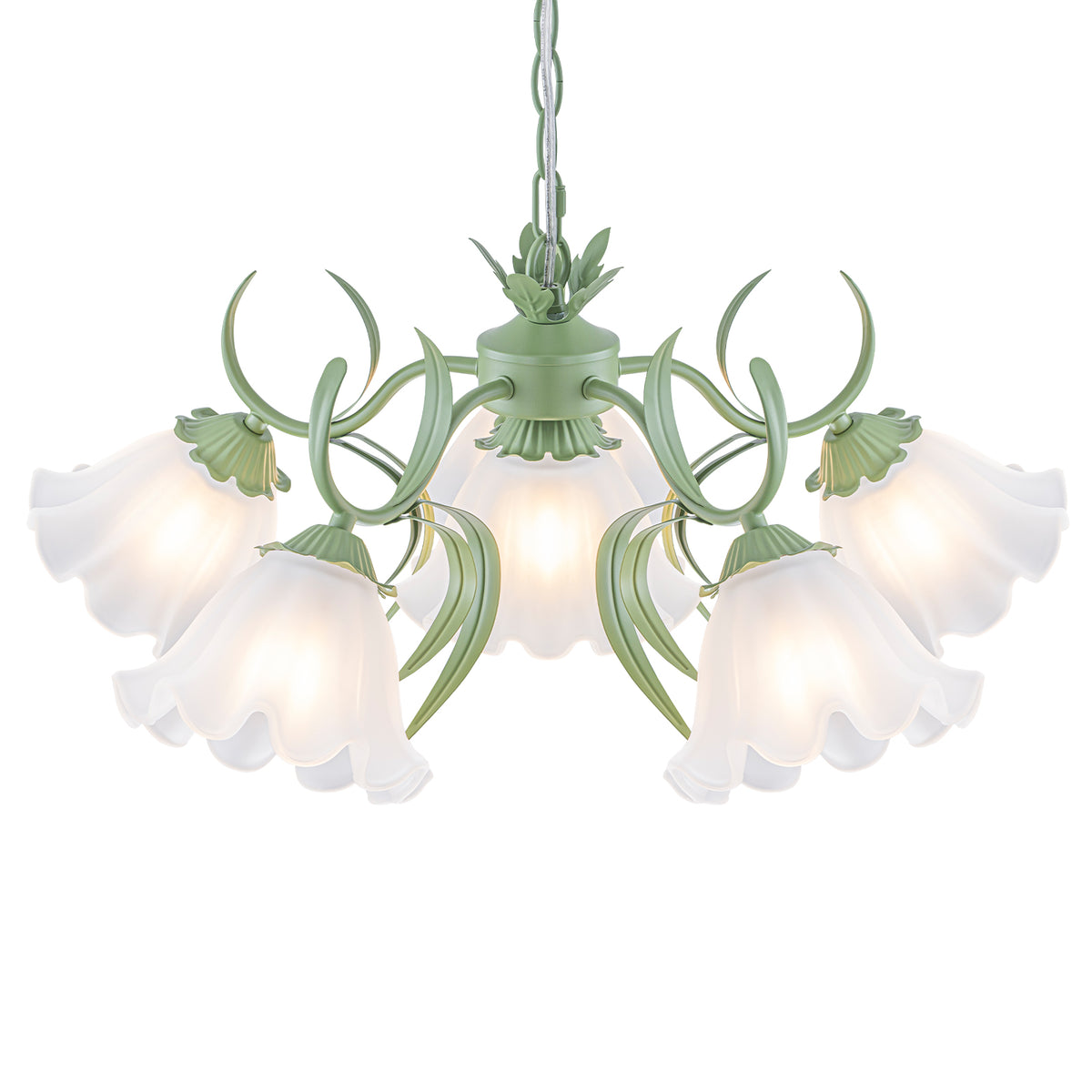 6-Light Botanical Green Chandelier with Floral Frosted Glass Shades - product image 13 | Zenvolit