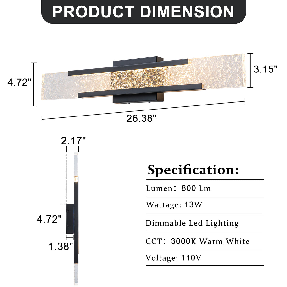 Black Metal Rectangular Water Pattern LED Dimmable Wall Sconce - product image 7 | Zenvolit
