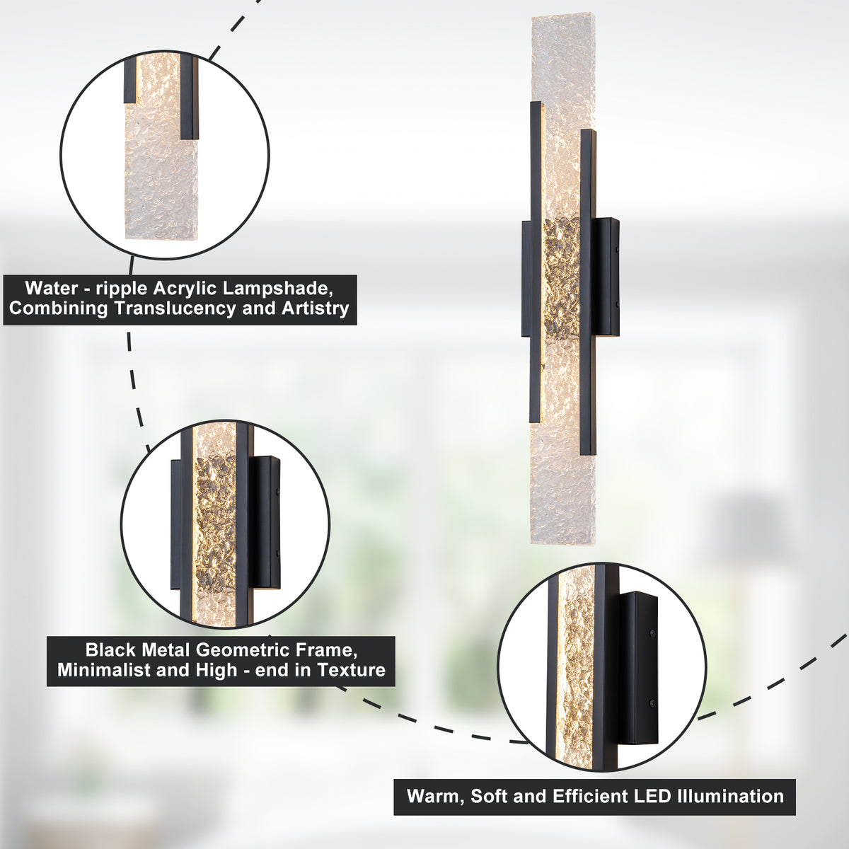 Black Metal Rectangular Water Pattern LED Dimmable Wall Sconce - product image 15 | Zenvolit