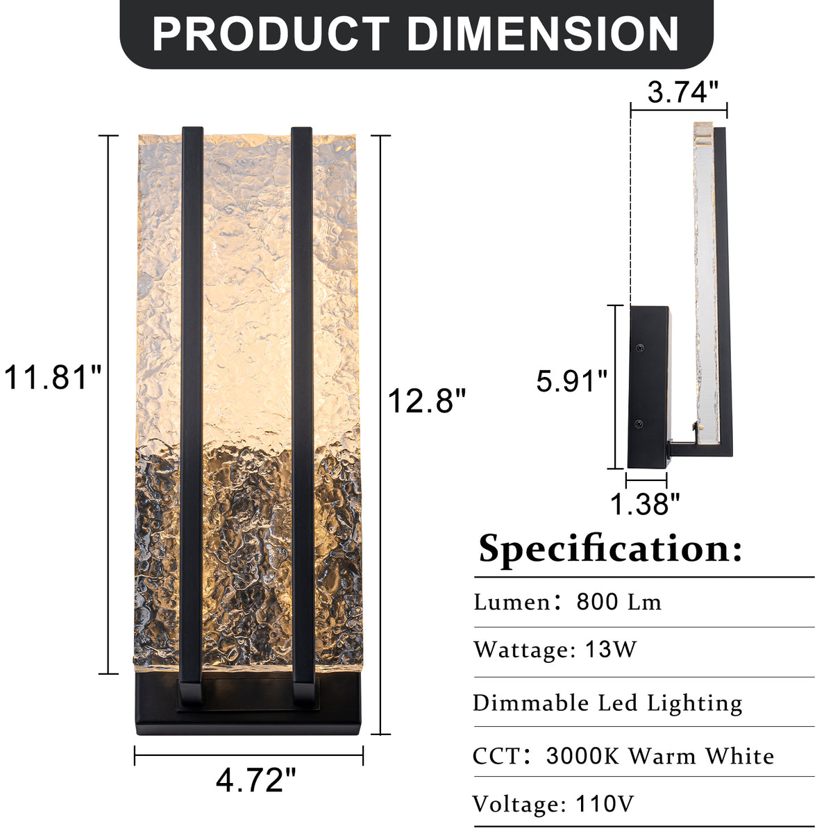 Black Metal Rectangular Water Pattern LED Dimmable Wall Sconce - product image 7 | Zenvolit
