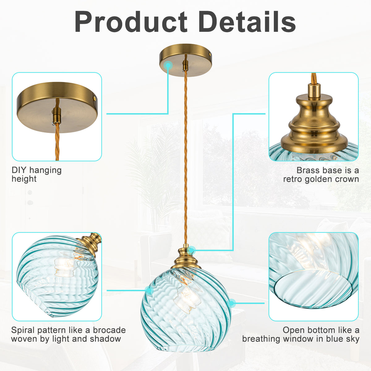 8" Blue Twisted Clear Glass Pendant Light Modern Kitchen Dining Room - product image 13 | Zenvolit