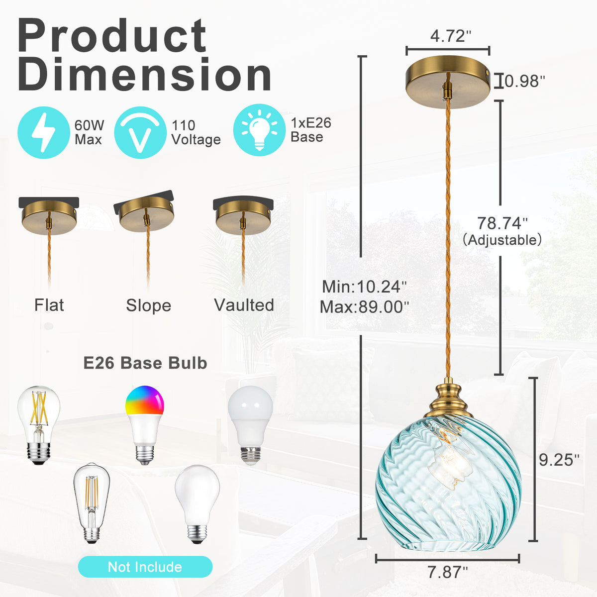 8" Blue Twisted Clear Glass Pendant Light Modern Kitchen Dining Room - product image 16 | Zenvolit