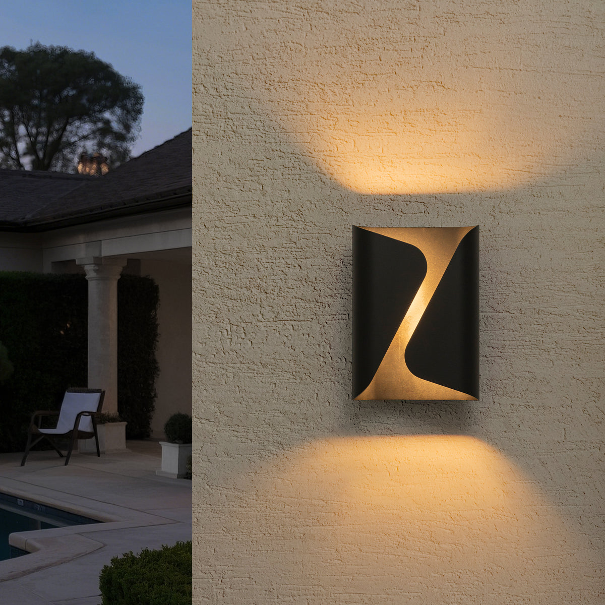 Dimmable LED Outdoor Wall Sconce IP54 Black Curved Metal Gold Interior - product image 9 | Zenvolit