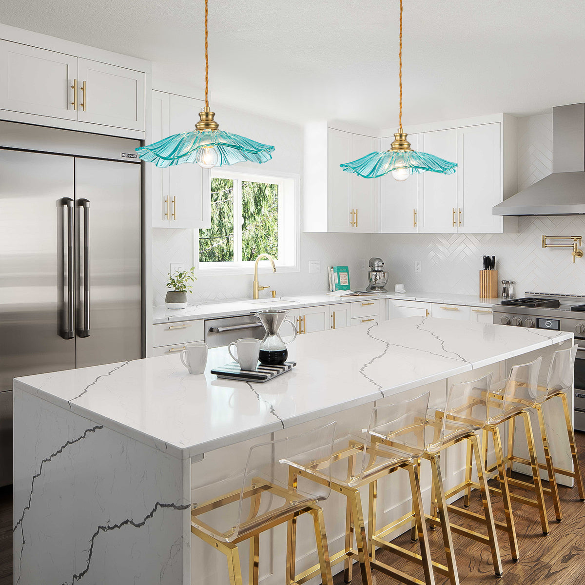 11" Flower-Shaped Blue Glass Pendant Light Modern Kitchen Dining Room - product image 2 | Zenvolit
