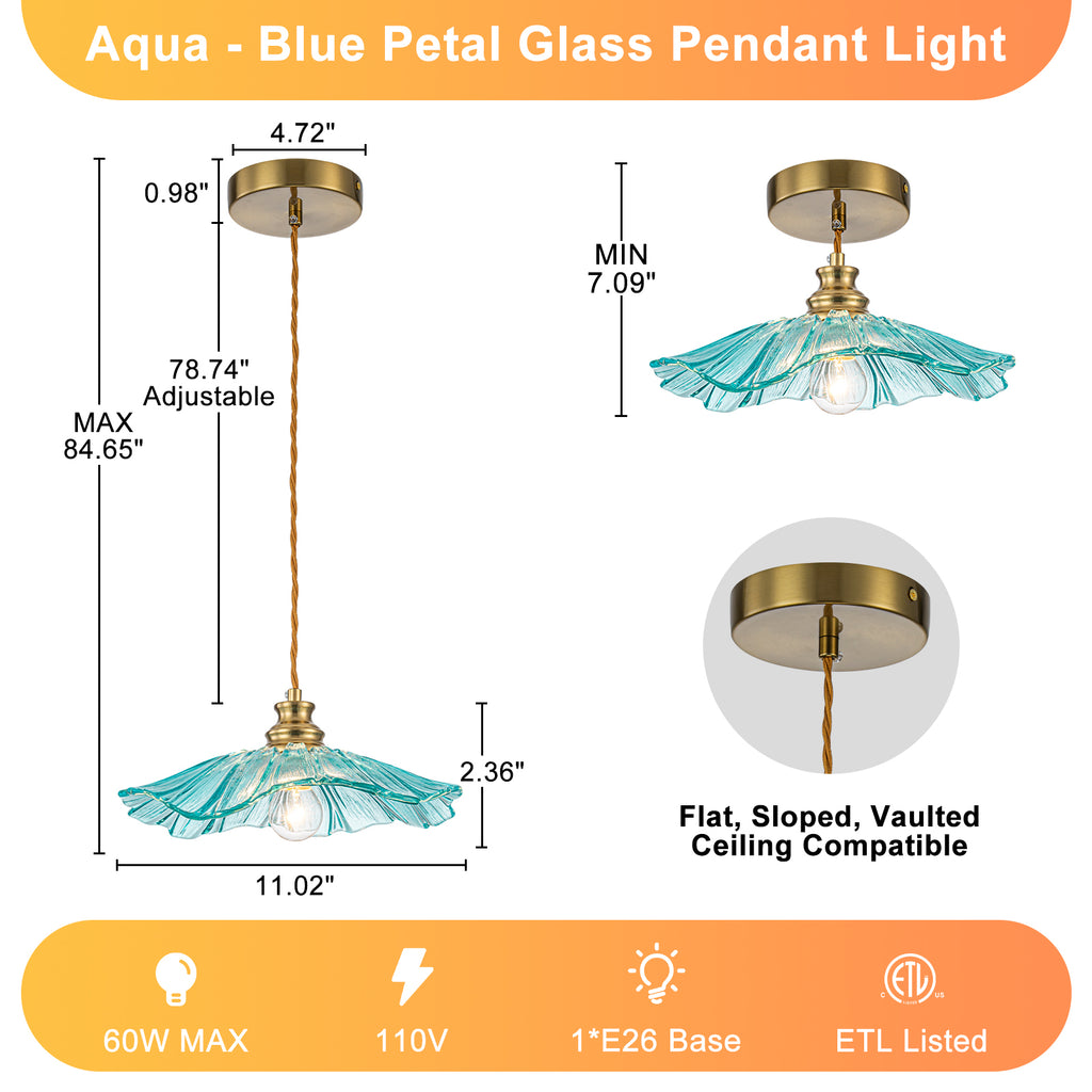 11" Flower-Shaped Blue Glass Pendant Light Modern Kitchen Dining Room - product image 7 | Zenvolit