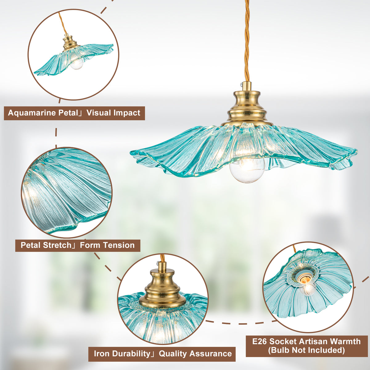 11" Flower-Shaped Blue Glass Pendant Light Modern Kitchen Dining Room - product image 15 | Zenvolit