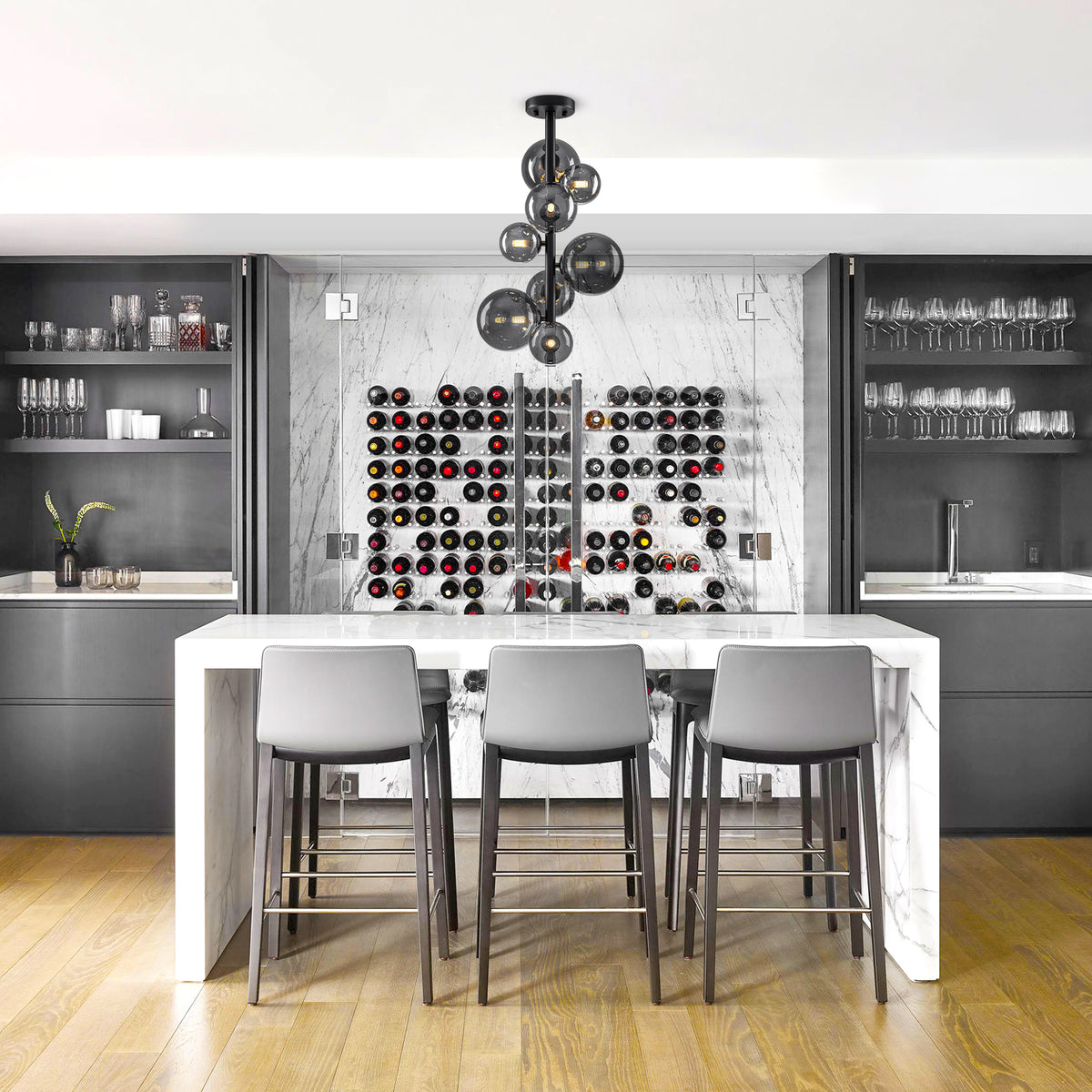 13.78 inch 8 Lights Black Modern Semi Flush Mount Ceiling Light with Smoky Gray Glass Globe Shades - product image 3 | Zenvolit