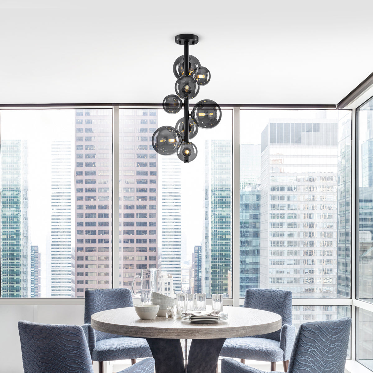 13.78 inch 8 Lights Black Modern Semi Flush Mount Ceiling Light with Smoky Gray Glass Globe Shades - product image 4 | Zenvolit