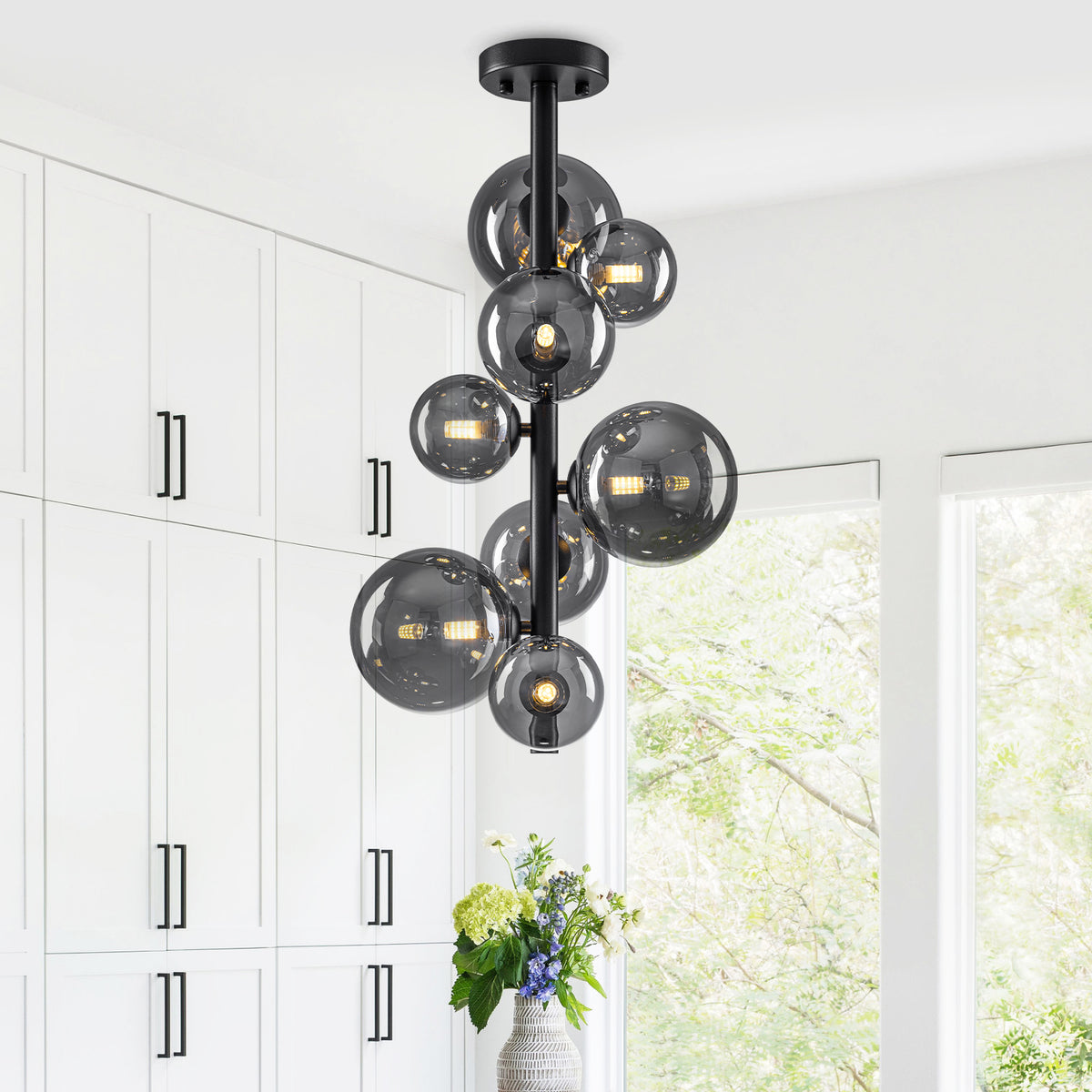 13.78 inch 8 Lights Black Modern Semi Flush Mount Ceiling Light with Smoky Gray Glass Globe Shades - product image 11 | Zenvolit
