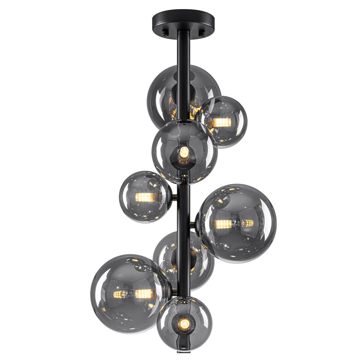 13.78 inch 8 Lights Black Modern Semi Flush Mount Ceiling Light with Smoky Gray Glass Globe Shades - product image 12 | Zenvolit