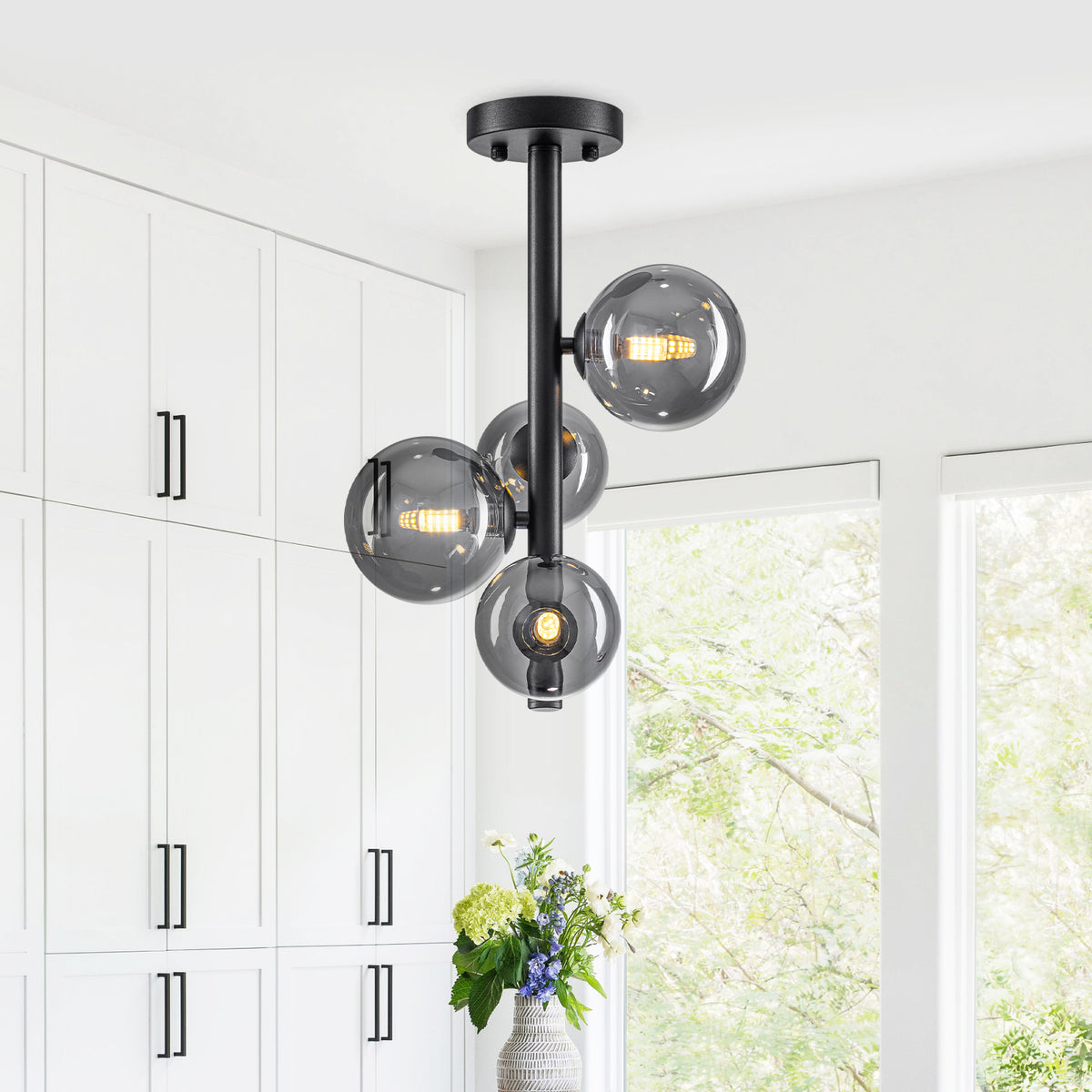 4 Lights Black Modern Semi Flush Mount Ceiling Light with Smoky Gray Glass Globe Shades - product image 6 | Zenvolit