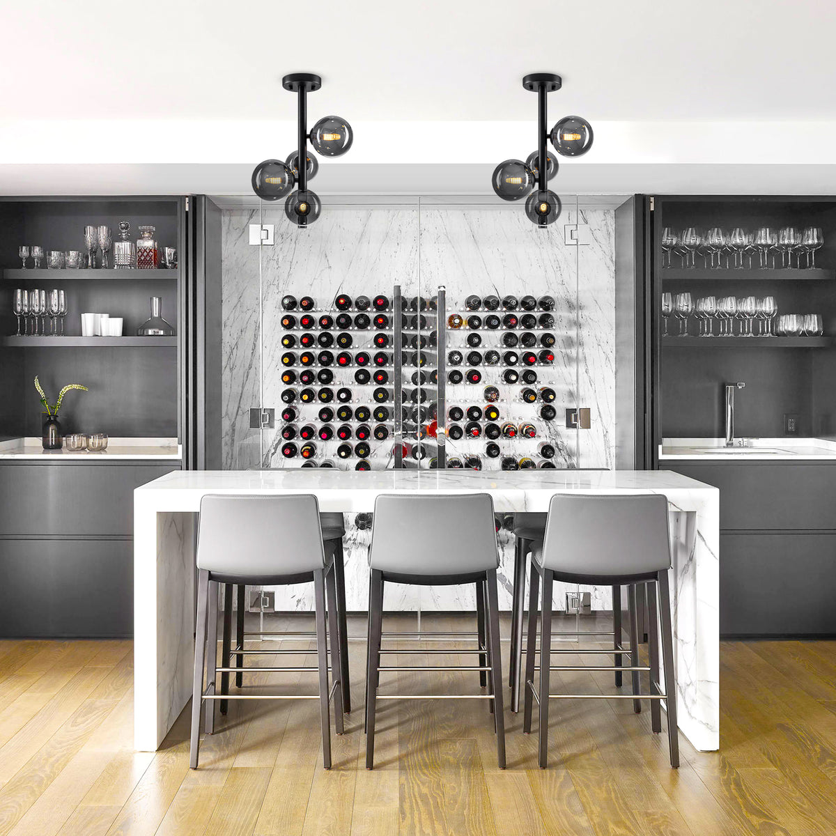 4 Lights Black Modern Semi Flush Mount Ceiling Light with Smoky Gray Glass Globe Shades - product image 13 | Zenvolit