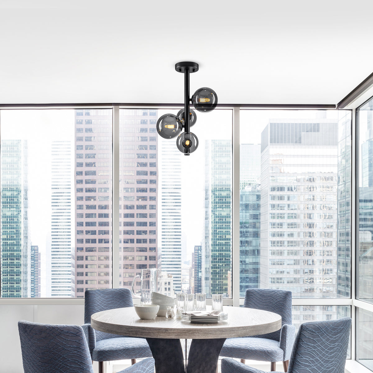 4 Lights Black Modern Semi Flush Mount Ceiling Light with Smoky Gray Glass Globe Shades - product image 14 | Zenvolit