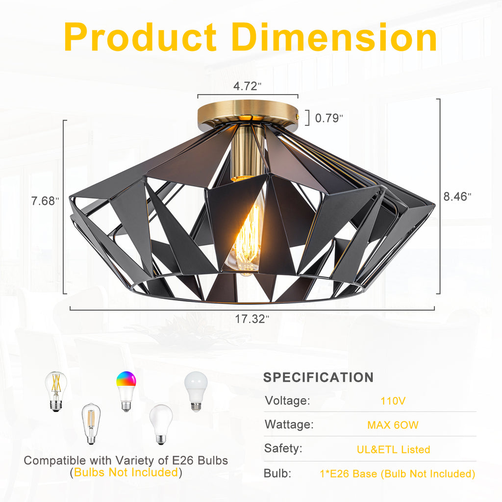 17.32 inch 1 Light Industrial Geometric Black Metal Flush Mount Ceiling Light with E26 Socket - product image 1 | Zenvolit