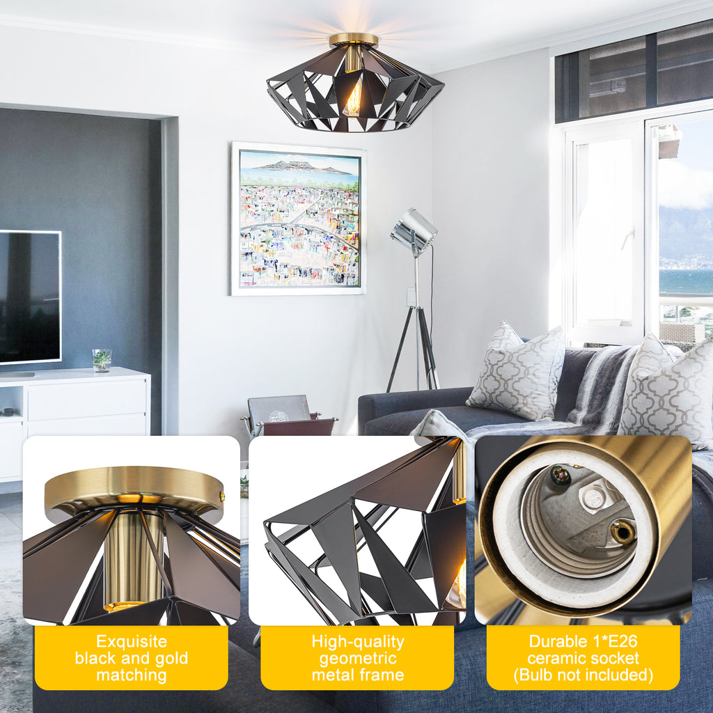 17.32 inch 1 Light Industrial Geometric Black Metal Flush Mount Ceiling Light with E26 Socket - product image 3 | Zenvolit