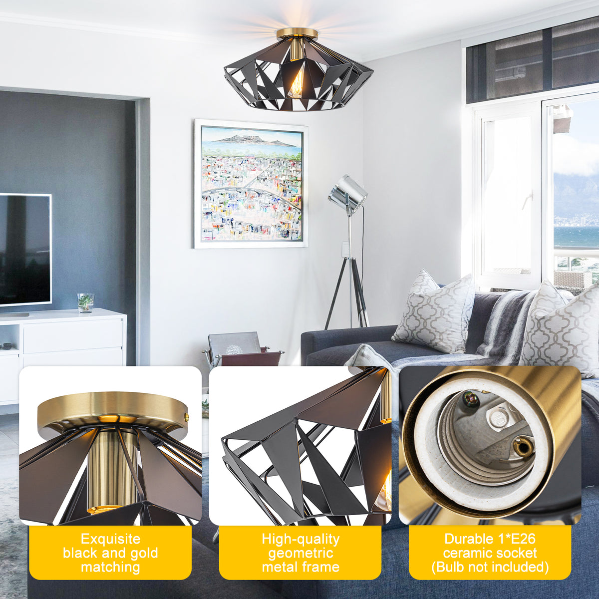 17.32 inch 1 Light Industrial Geometric Black Metal Flush Mount Ceiling Light with E26 Socket - product image 3 | Zenvolit