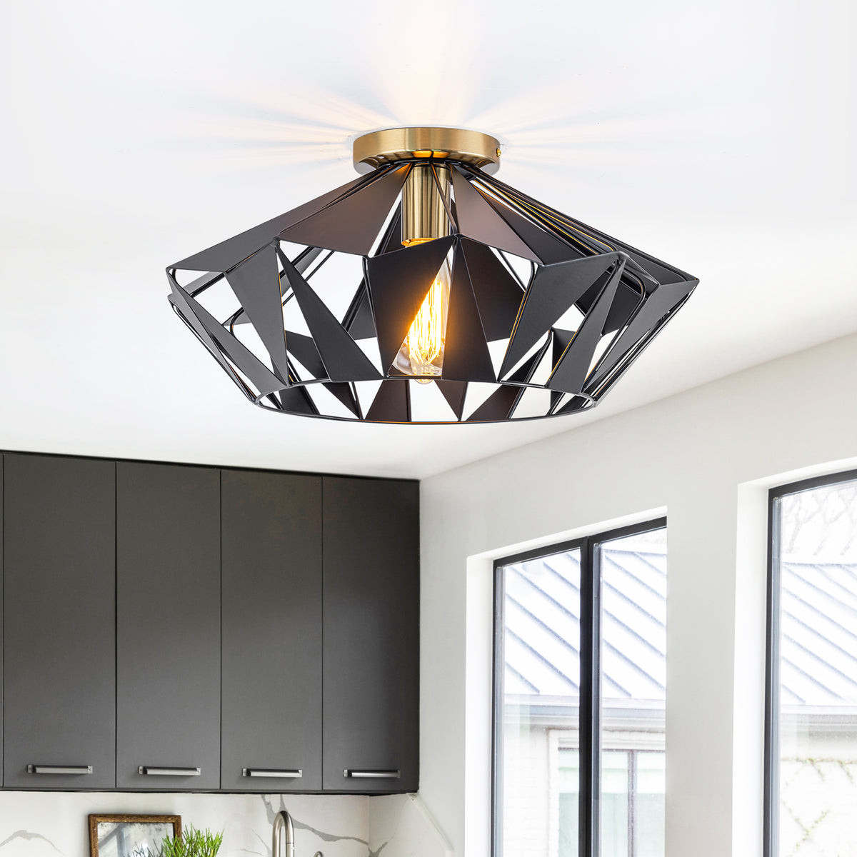 17.32 inch 1 Light Industrial Geometric Black Metal Flush Mount Ceiling Light with E26 Socket - product image 5 | Zenvolit
