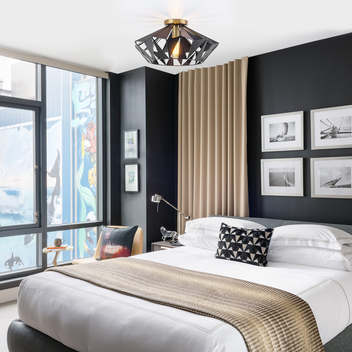 17.32 inch 1 Light Industrial Geometric Black Metal Flush Mount Ceiling Light with E26 Socket - product image 12 | Zenvolit