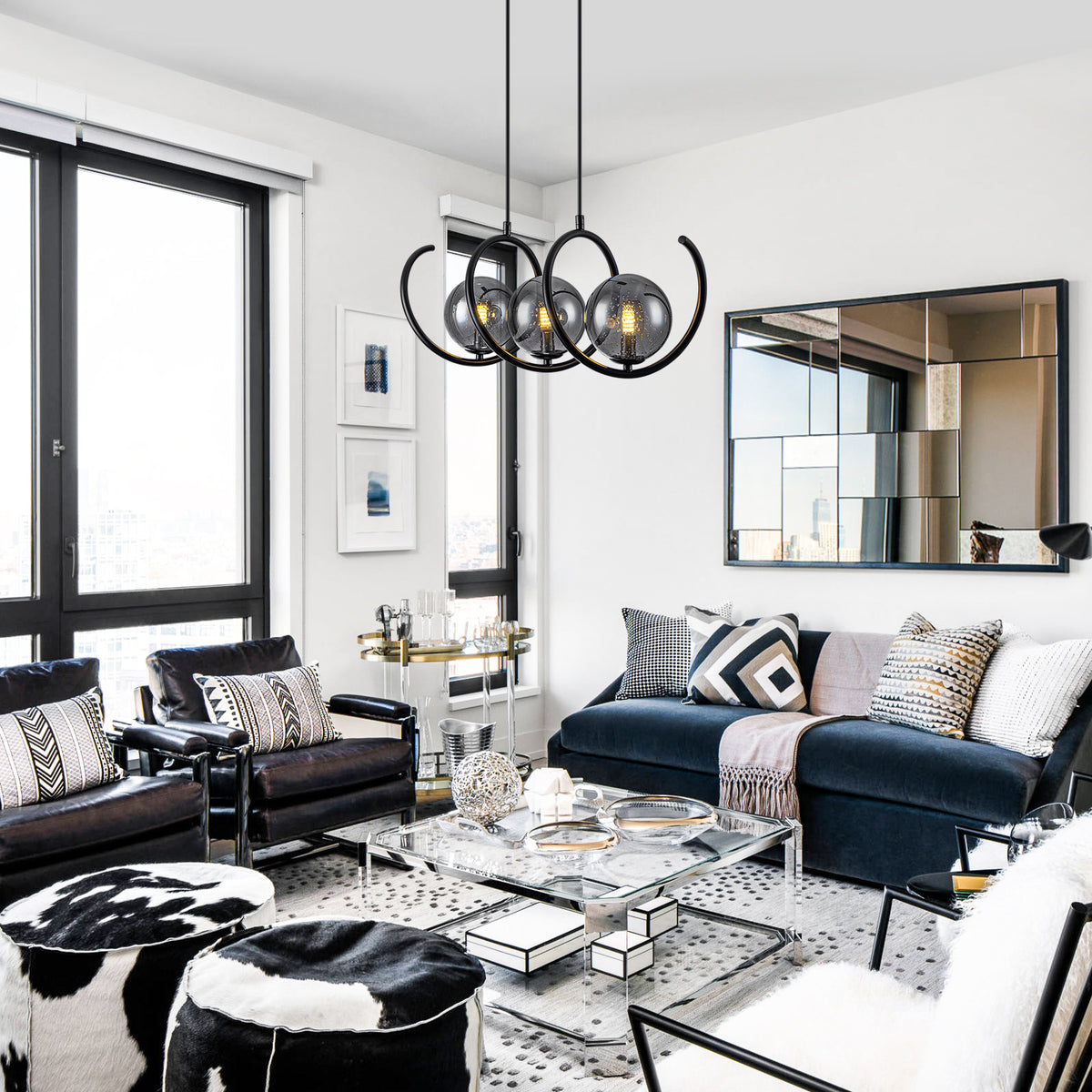 Modern 3-Light Black Spiral Pendant Light with Smoky Gray Glass Shades - product image 2 | Zenvolit