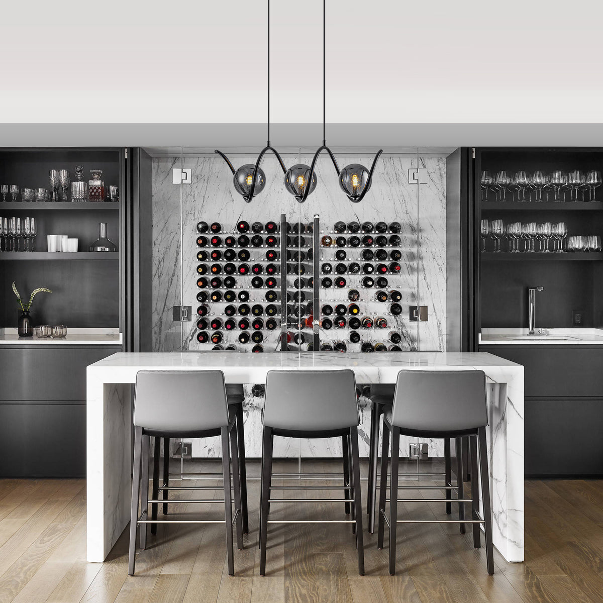 Modern 3-Light Black Spiral Pendant Light with Smoky Gray Glass Shades - product image 3 | Zenvolit
