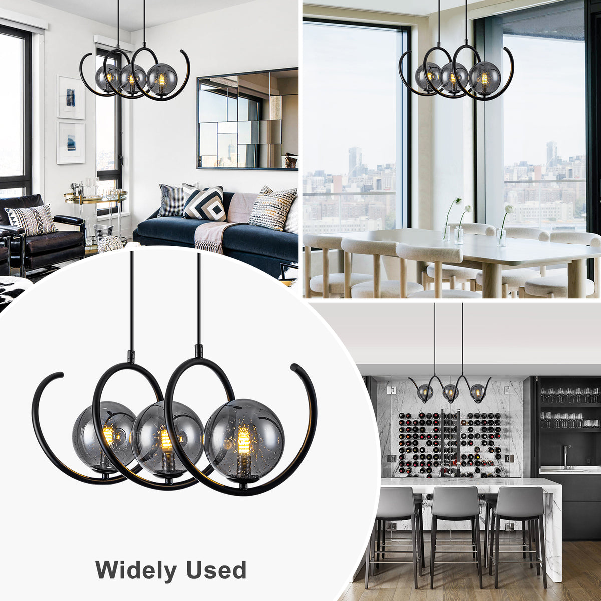 Modern 3-Light Black Spiral Pendant Light with Smoky Gray Glass Shades - product image 5 | Zenvolit