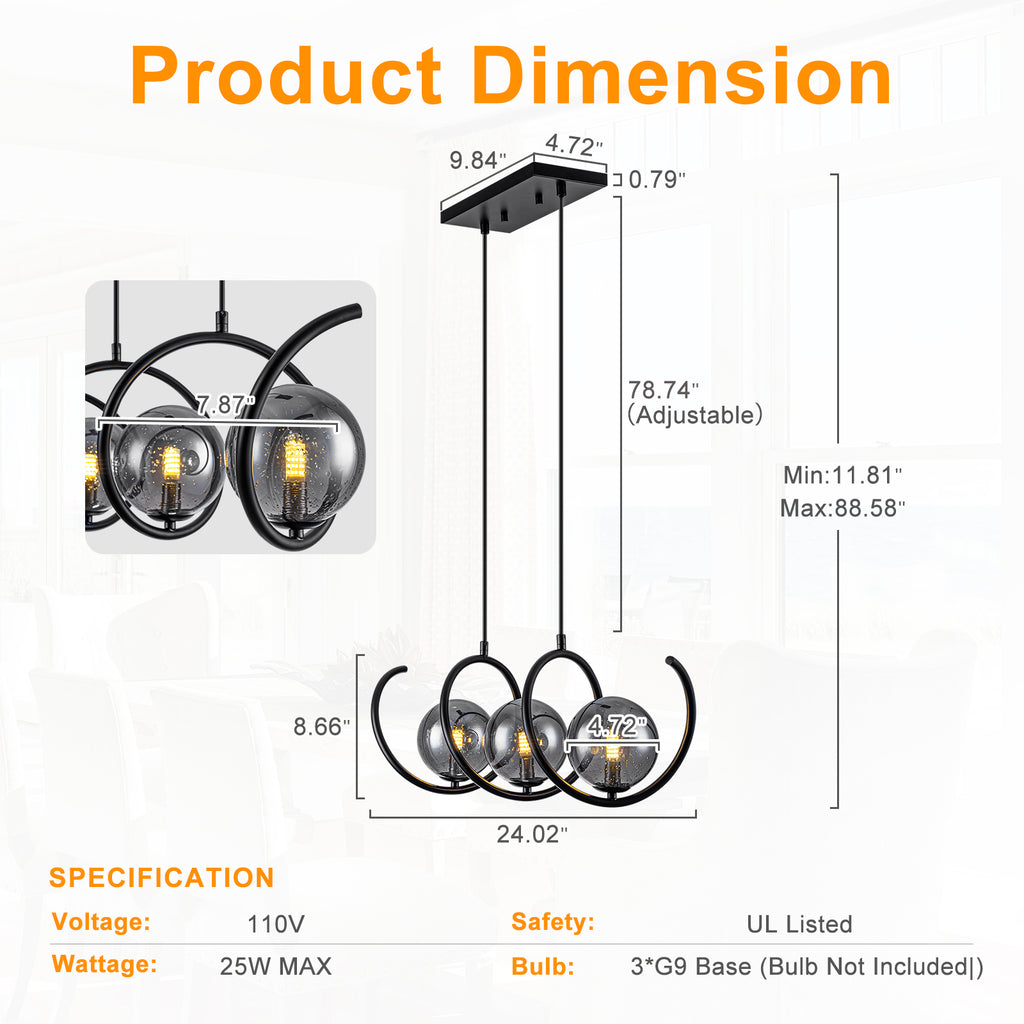 Modern 3-Light Black Spiral Pendant Light with Smoky Gray Glass Shades - product image 6 | Zenvolit