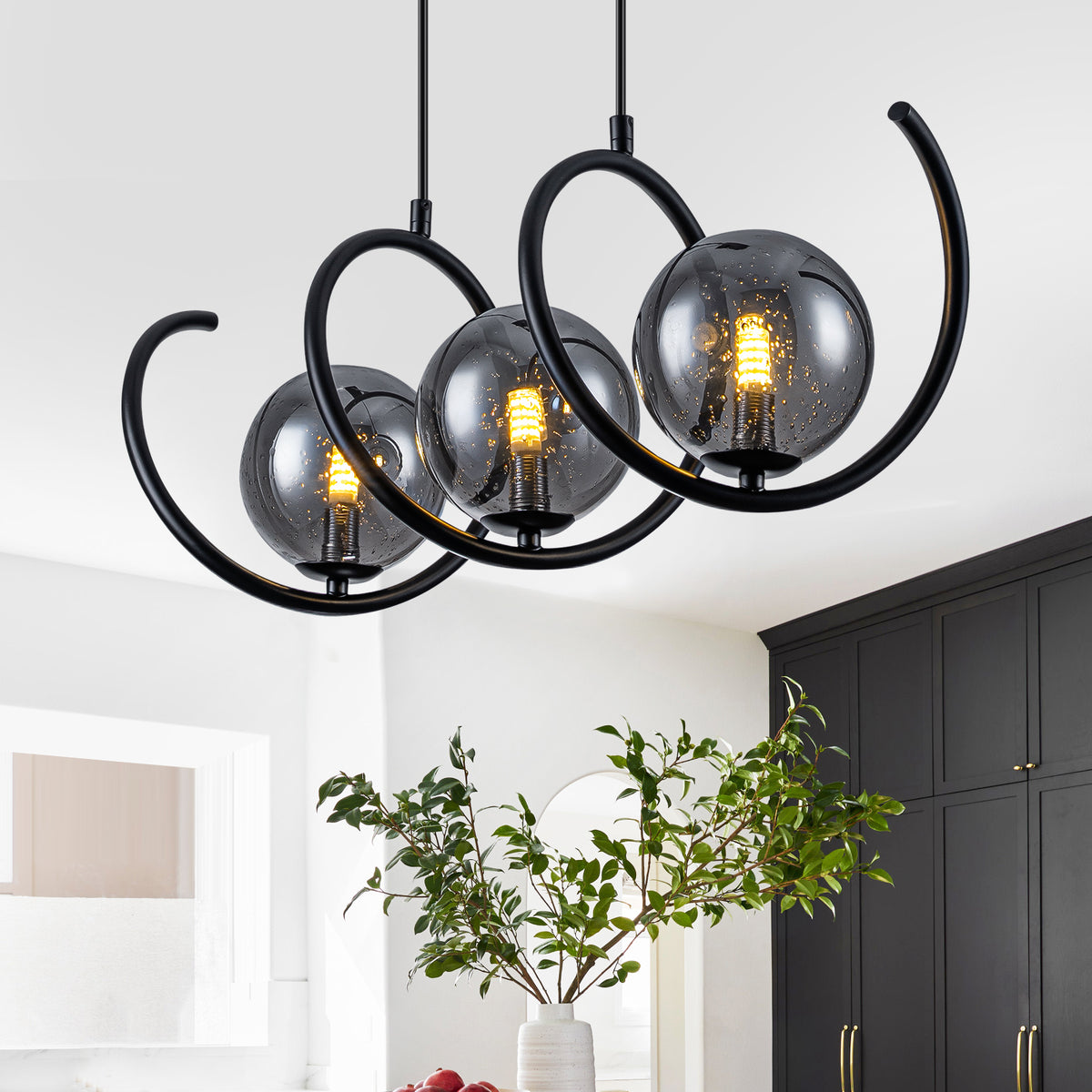 Modern 3-Light Black Spiral Pendant Light with Smoky Gray Glass Shades - product image 10 | Zenvolit