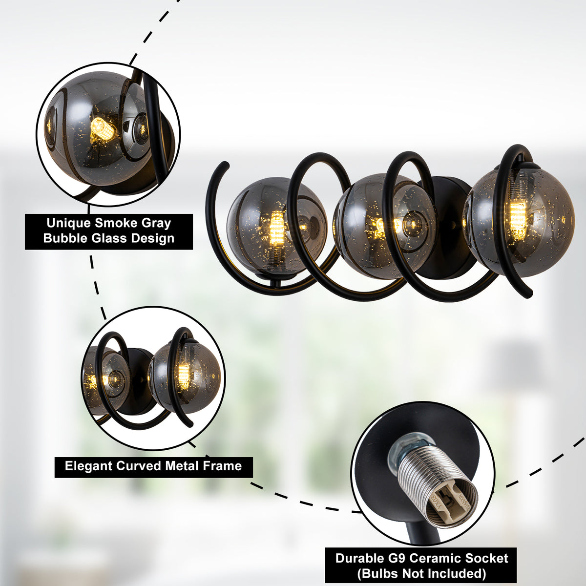 Modern Spiral Globe Vanity Lights with Smoky Gray Seeded Glass Shades - product image 15 | Zenvolit
