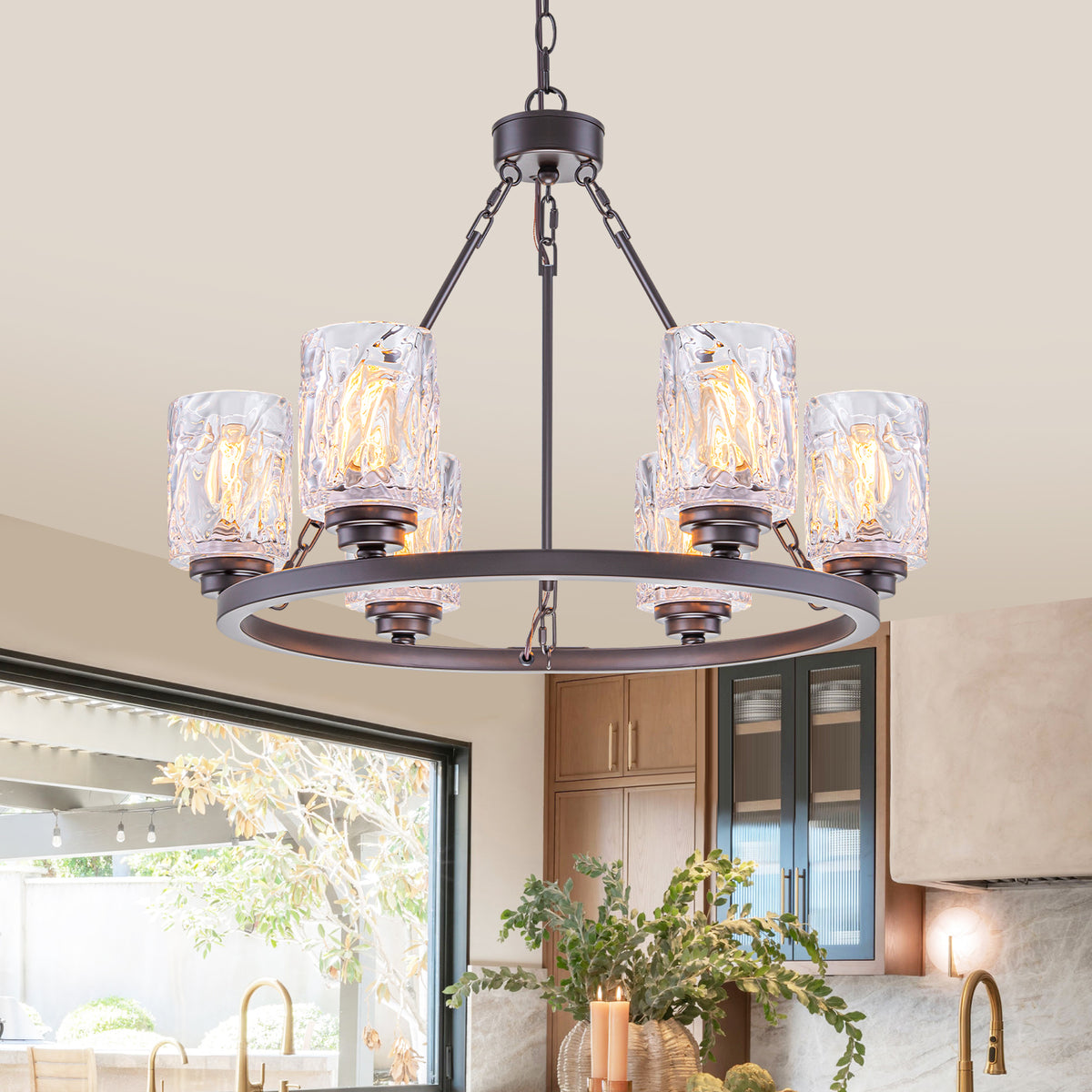 6-Light Modern Black Metal Chandelier with Textured Glass Shades - product image 1 | Zenvolit
