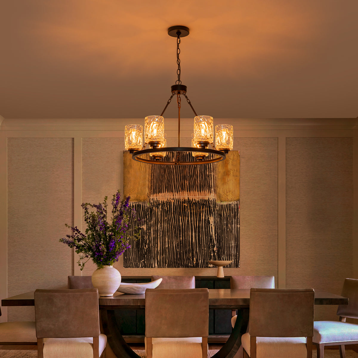 6-Light Modern Black Metal Chandelier with Textured Glass Shades - product image 8 | Zenvolit