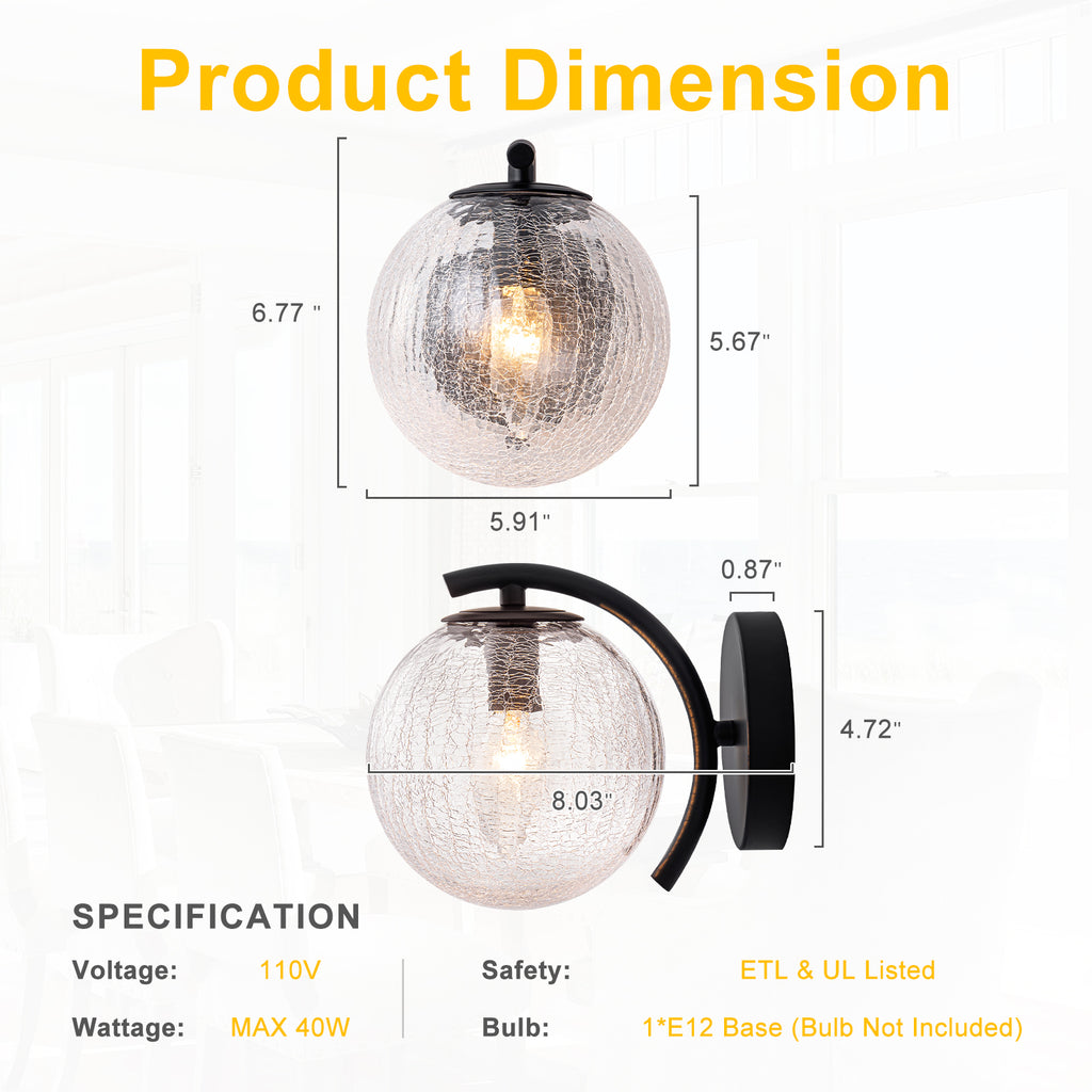 Modern Matte Black Metal Wall Sconce Round Clear Cracked Glass Shade - product image 1 | Zenvolit