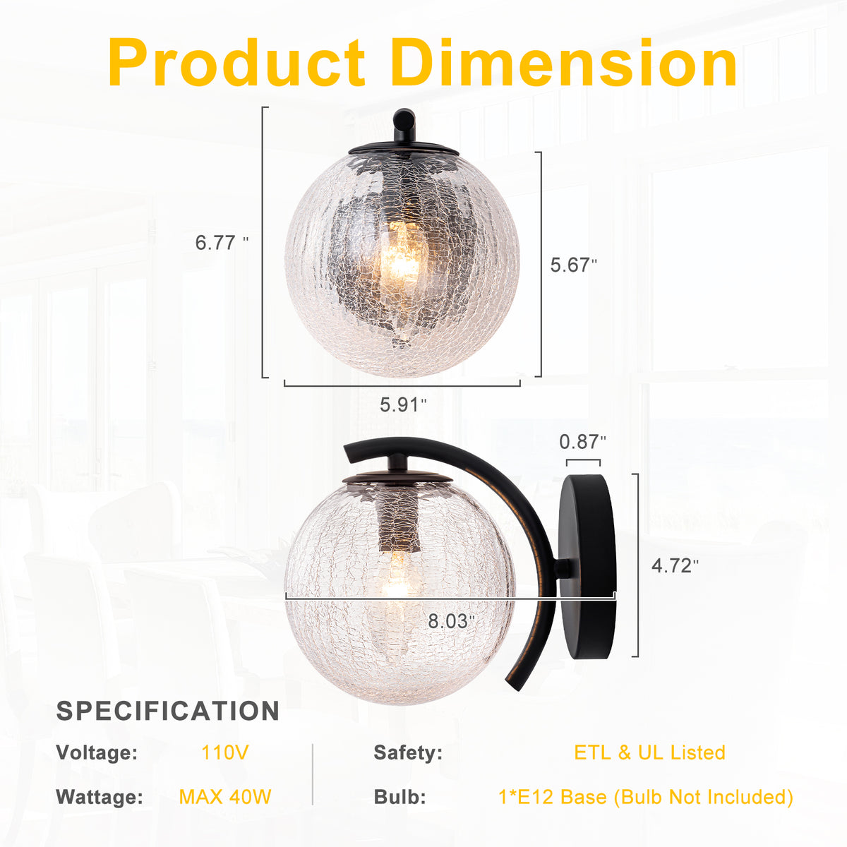 Modern Matte Black Metal Wall Sconce Round Clear Cracked Glass Shade - product image 1 | Zenvolit