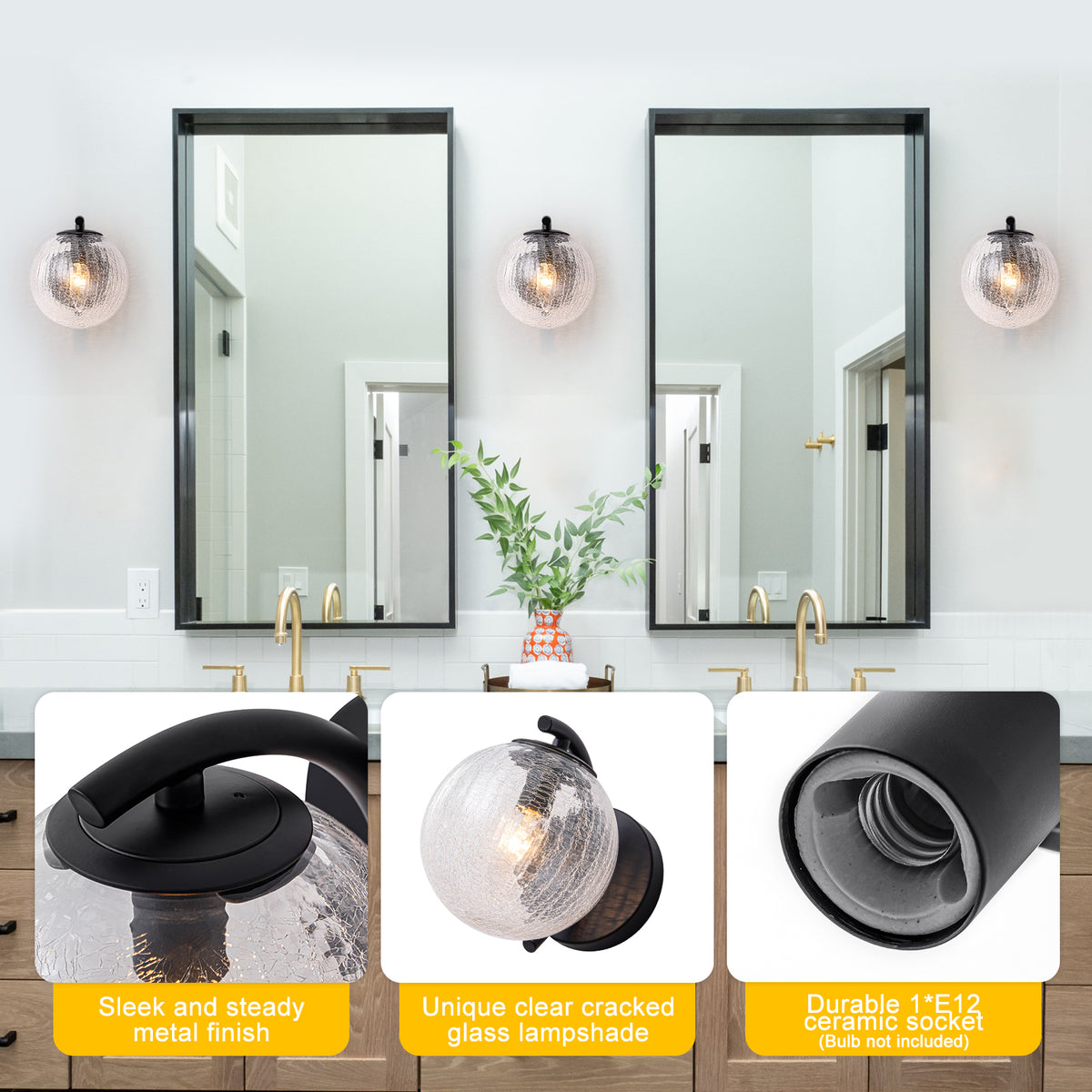 Modern Matte Black Metal Wall Sconce Round Clear Cracked Glass Shade - product image 3 | Zenvolit