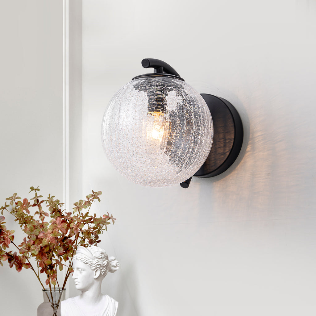 Modern Matte Black Metal Wall Sconce Round Clear Cracked Glass Shade - product image 5 | Zenvolit