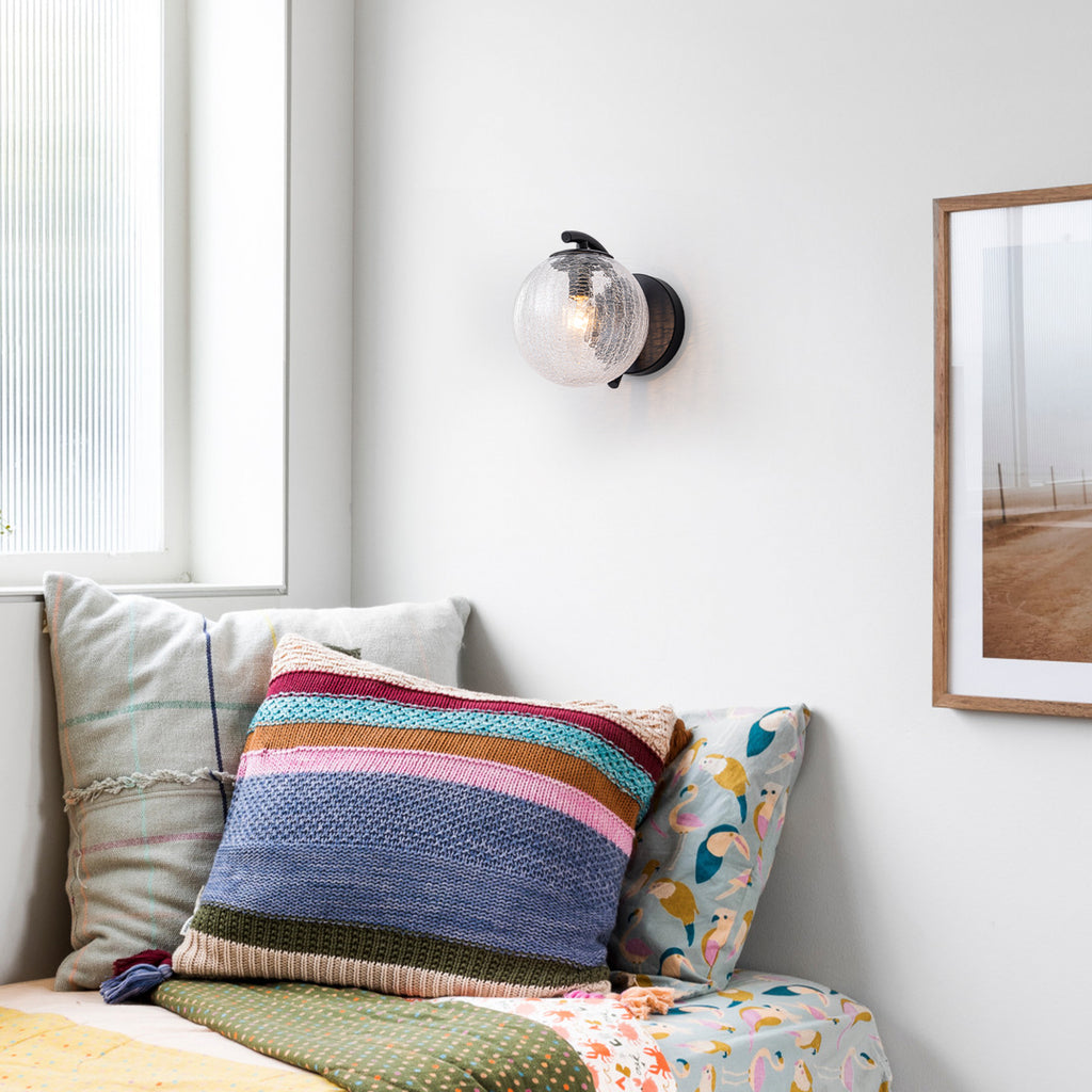 Modern Matte Black Metal Wall Sconce Round Clear Cracked Glass Shade - product image 15 | Zenvolit