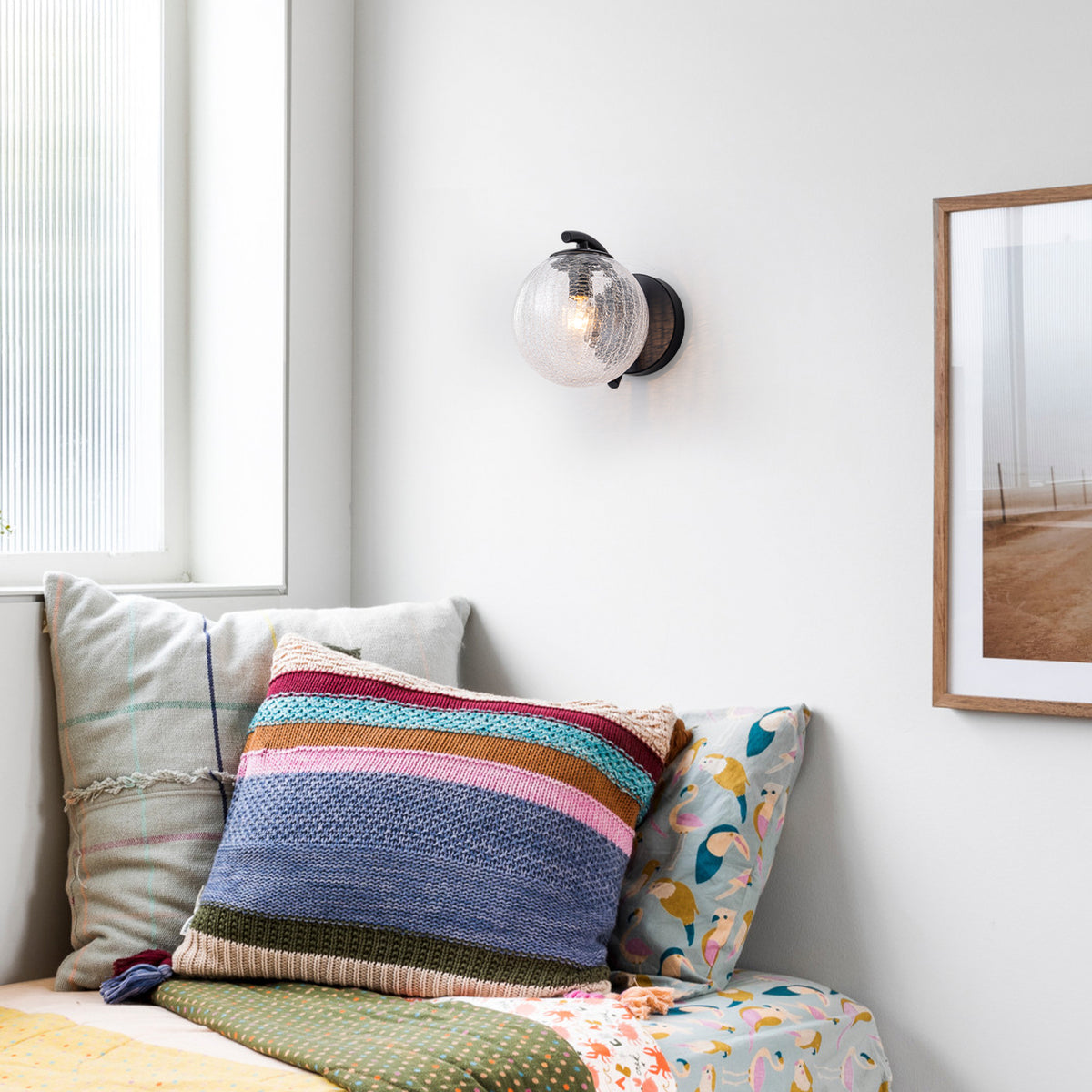 Modern Matte Black Metal Wall Sconce Round Clear Cracked Glass Shade - product image 15 | Zenvolit