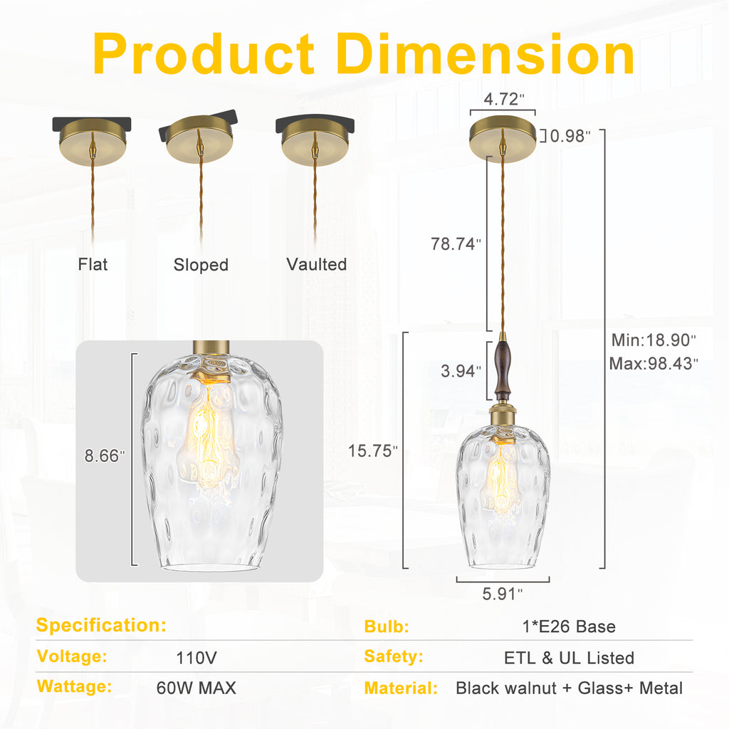 Modern 1-Light Brass Pendant Hammered Glass Shade Kitchen Lighting - product image 13 | Zenvolit