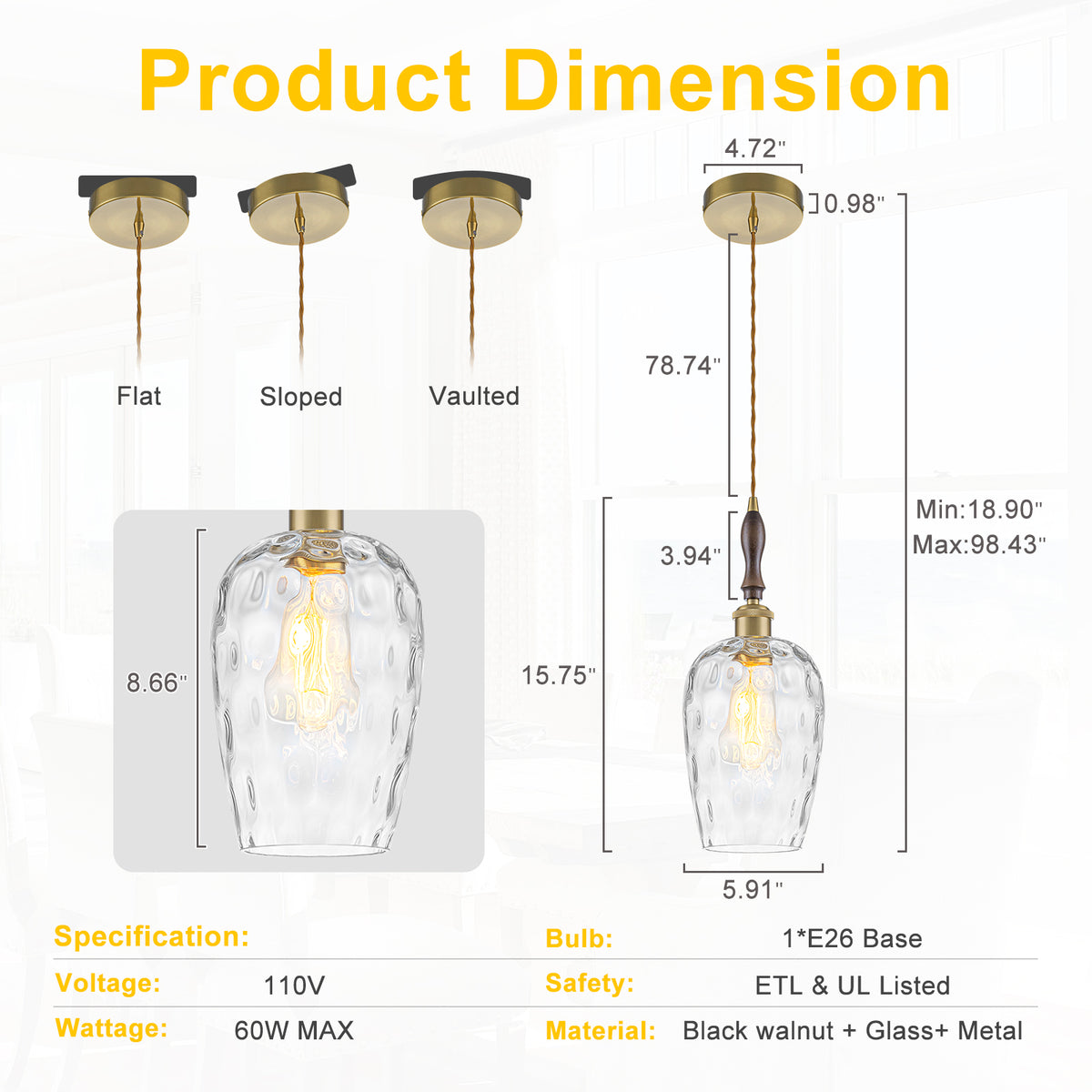 Modern 1-Light Brass Pendant Hammered Glass Shade Kitchen Lighting - product image 13 | Zenvolit