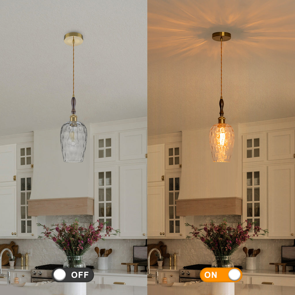 Modern 1-Light Brass Pendant Hammered Glass Shade Kitchen Lighting - product image 14 | Zenvolit