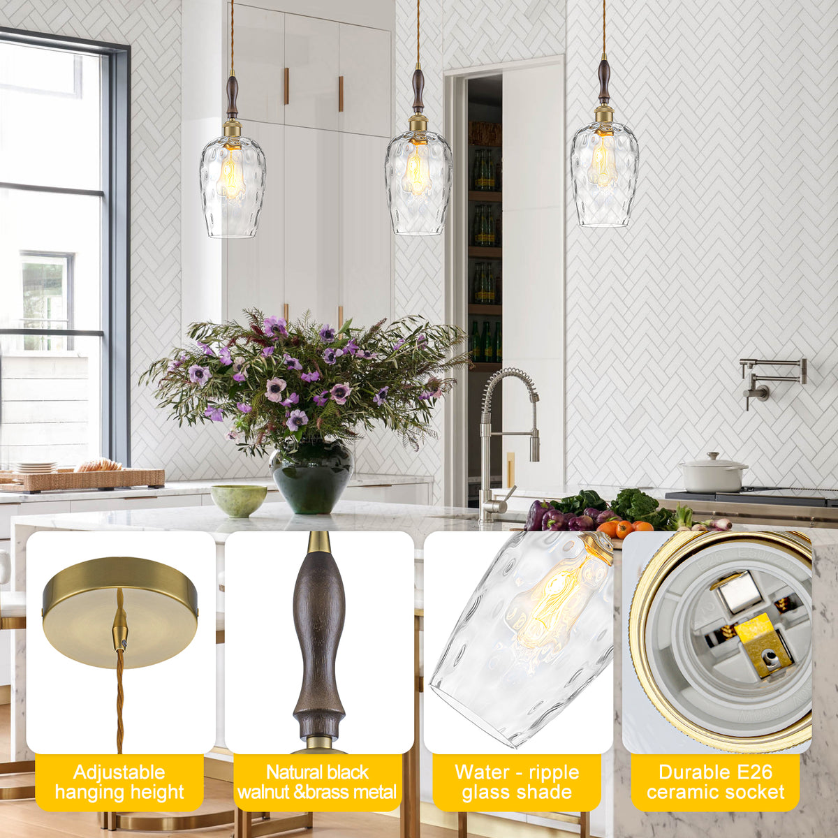 Modern 1-Light Brass Pendant Hammered Glass Shade Kitchen Lighting - product image 15 | Zenvolit