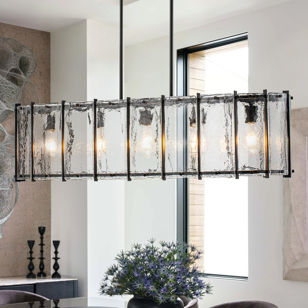 5-Light Matte Black Linear Chandelier Clear Textured Glass Shades - product image 1 | Zenvolit